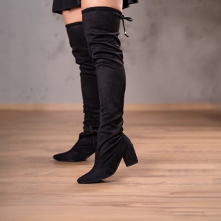 Bota Feminina Domidona Over The Knee Stretch Luxo Bico Fino Salto Grosso Confortável em Oferta na Shopee