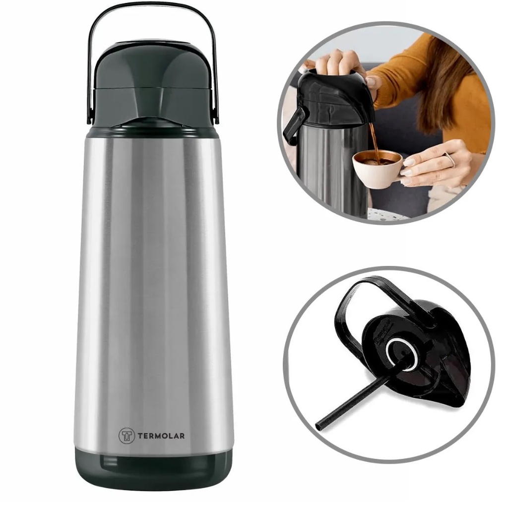 Garrafa Térmica Termolar INOX 1L / 1,8L Lumina Cinza e Preto - Tampa Hermética / Café, Chimarrão em Oferta na Shopee