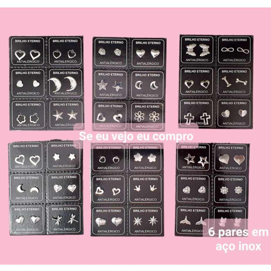 Cartela Kit Brinco 6 pares aço inox cirúrgico coração estrela asa lua Infinito borboleta cruz gato em Oferta na Shopee