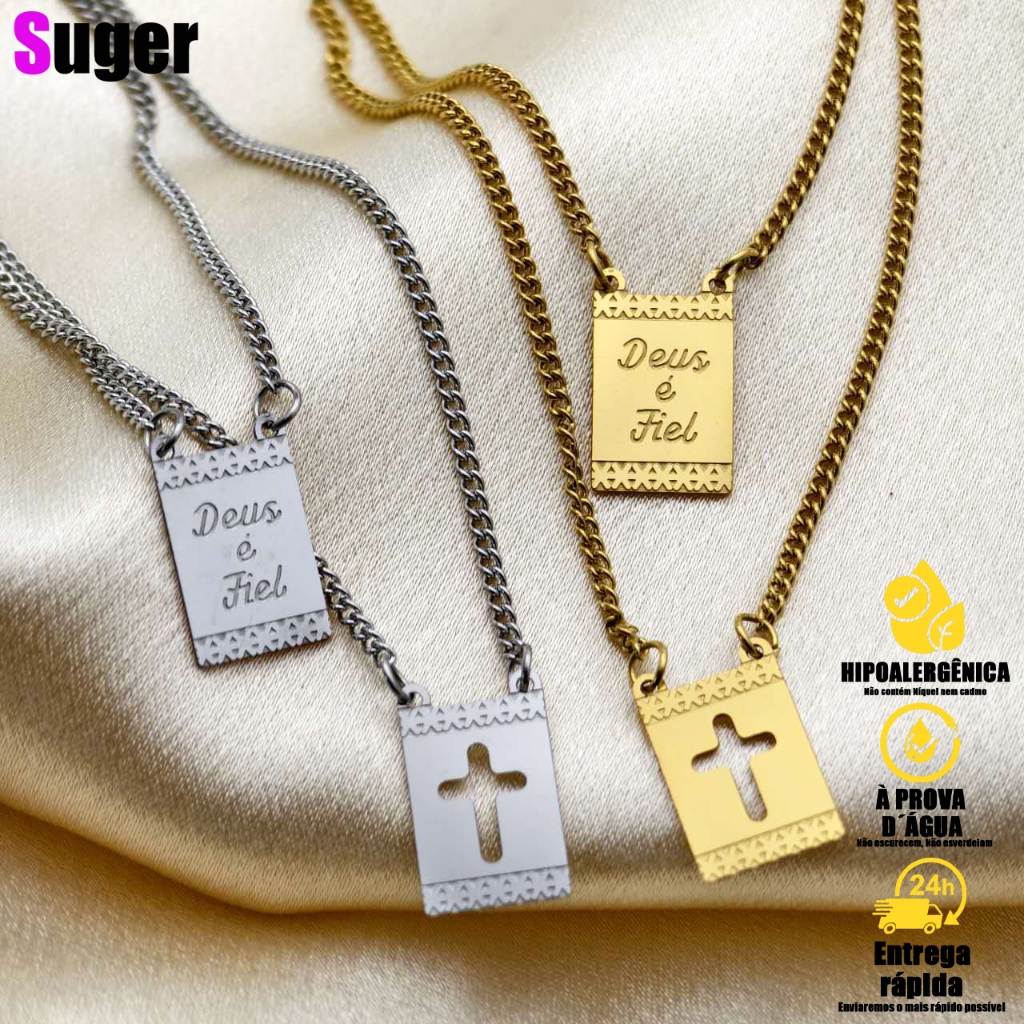 Escapulário Cartie Cruz Deus é Fiel Texturizado Veneziano - Banhado a Ouro e Prata 18K 70cm Unissex