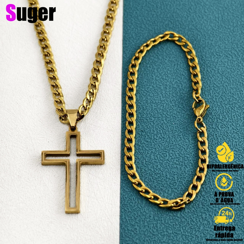kit corrente pulseira Masculina cordão aço inox banhado Dourado colares masculinos com pingente de Cruz Aço Inoxidável 316L em Oferta na Shopee