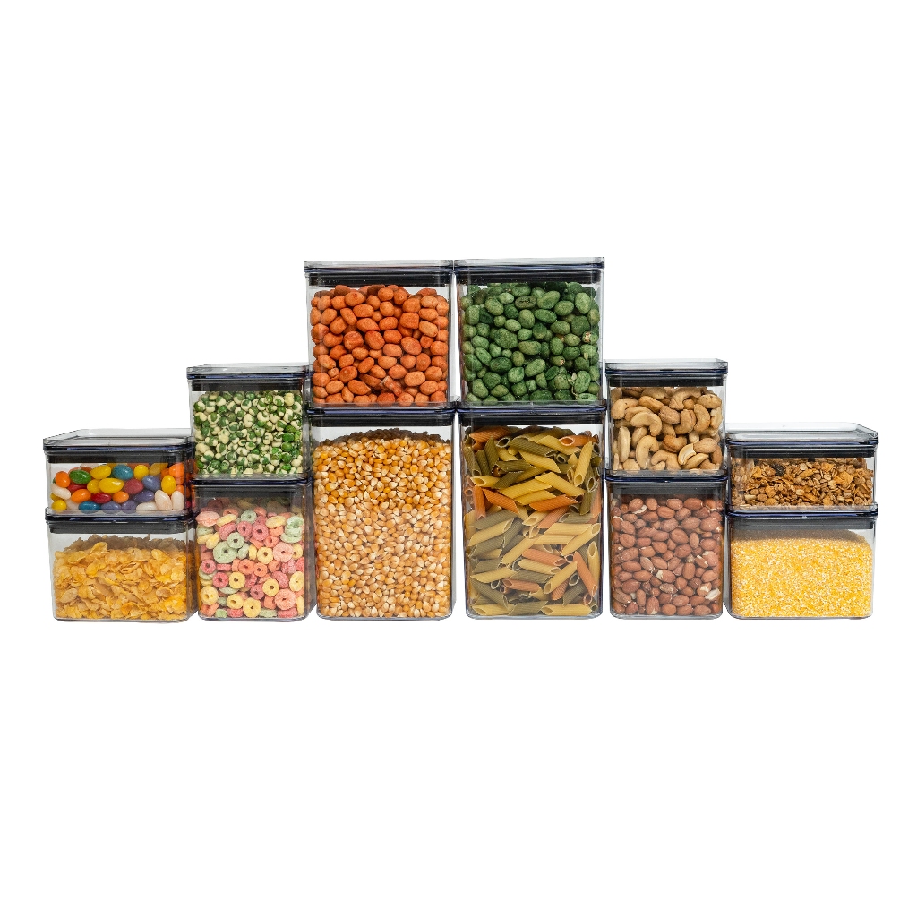 Kit 12 potes de acrílico com tampa herméticos quadrados - Tud em Oferta na Shopee