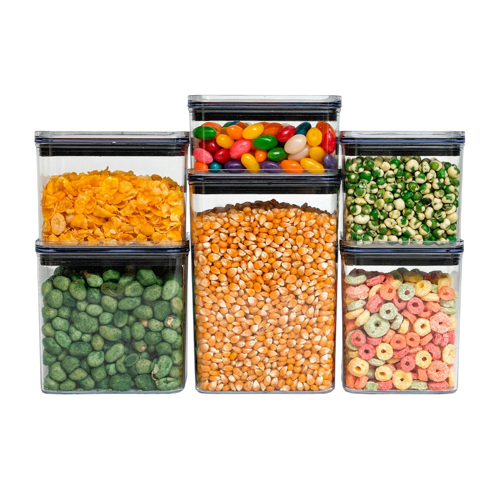 Kit 6 potes de acrílico com tampa herméticos quadrados - Tud em Oferta na Shopee