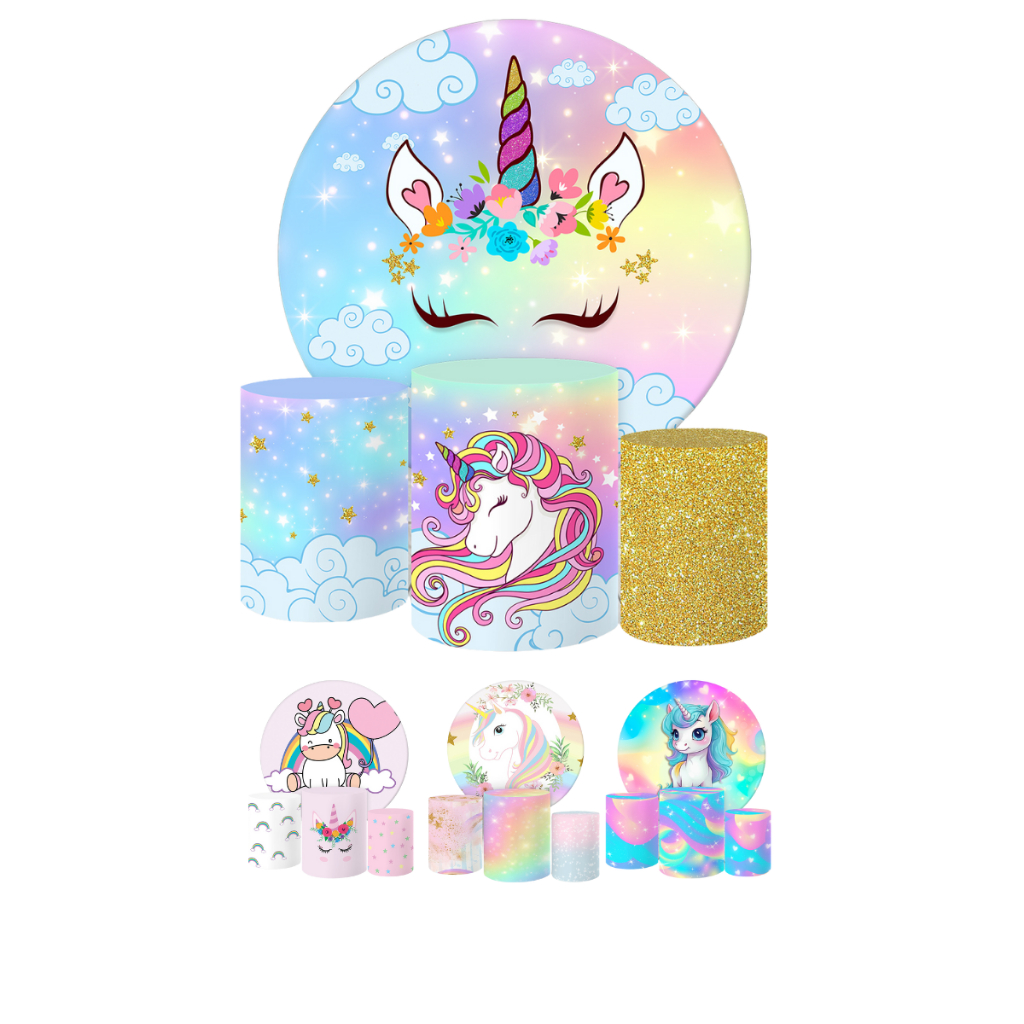 Painel Redondo e Capas Festa Tecido Sublimado 3D Unicórnio