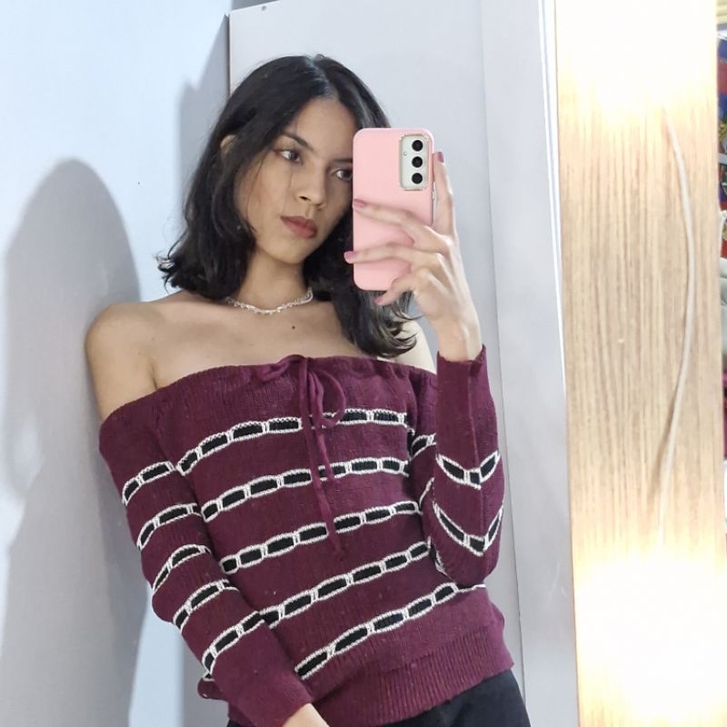 blusa ombro a ombro pontilhada