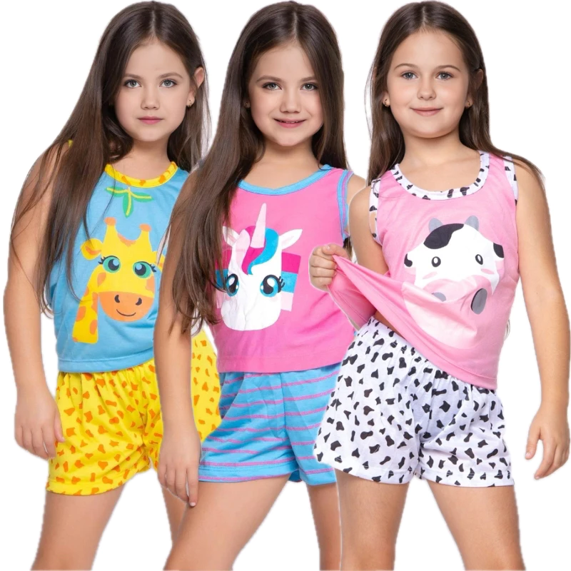 Pijama Infantil Estampa Sortida Kids Menina Menino Criança Regata Estampado Verão Manga Curta Calor Roupa Dormir