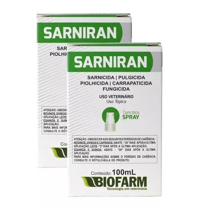 Sarniran Grande Porte 2 Unidades 100ml Sarnas Pulgas Fungos Piolhos Carrapatos BIOFARM