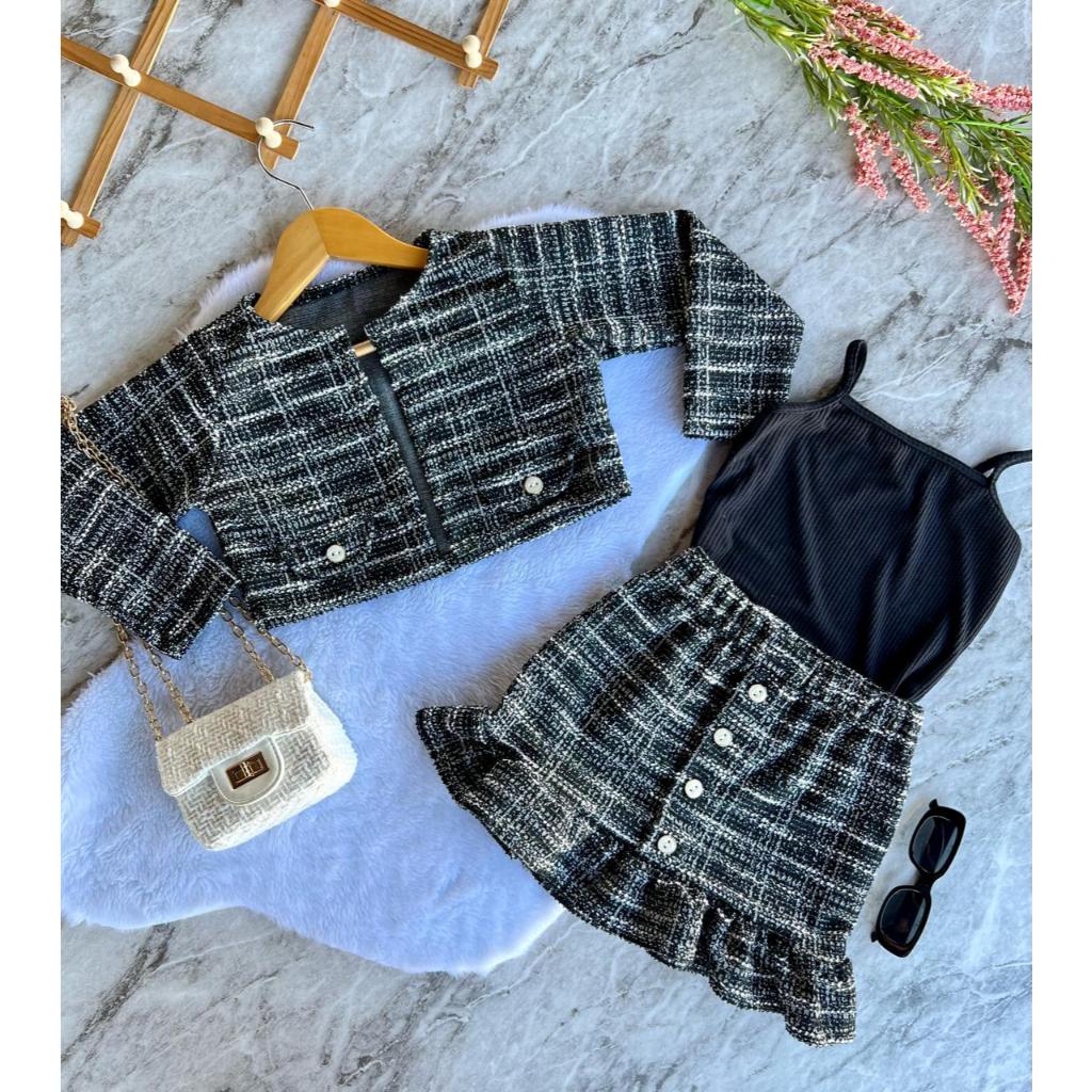 Conjunto Infantil French com 3 peças em Tweed e Ribana: Casaco + Saia + Regata