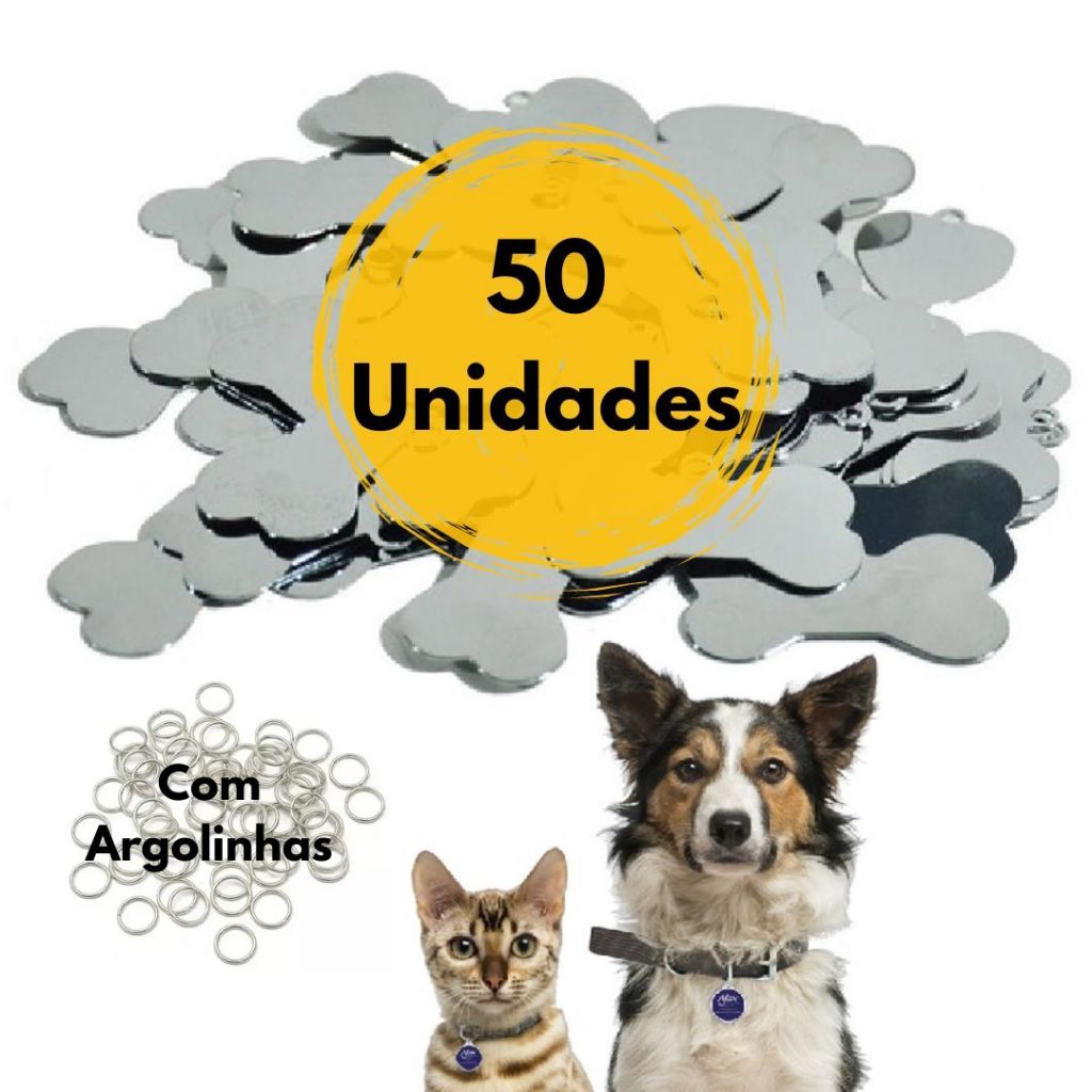Kit Placa Plaquinha Tag de Identificação Pet com Argolinhas