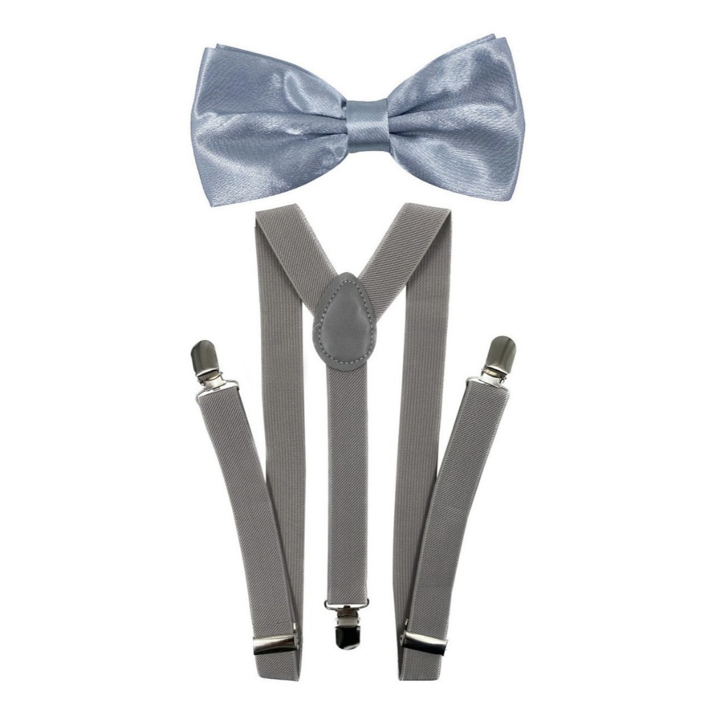 Kit Suspensório + Borboleta Prata Cinza Adulto Casamentos