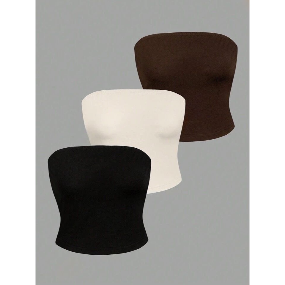Kit 3 Top Tube Cropped Básico Feminino Tomara que Caia Comprido Tubinho Poliamida Duplo Sem Bojo