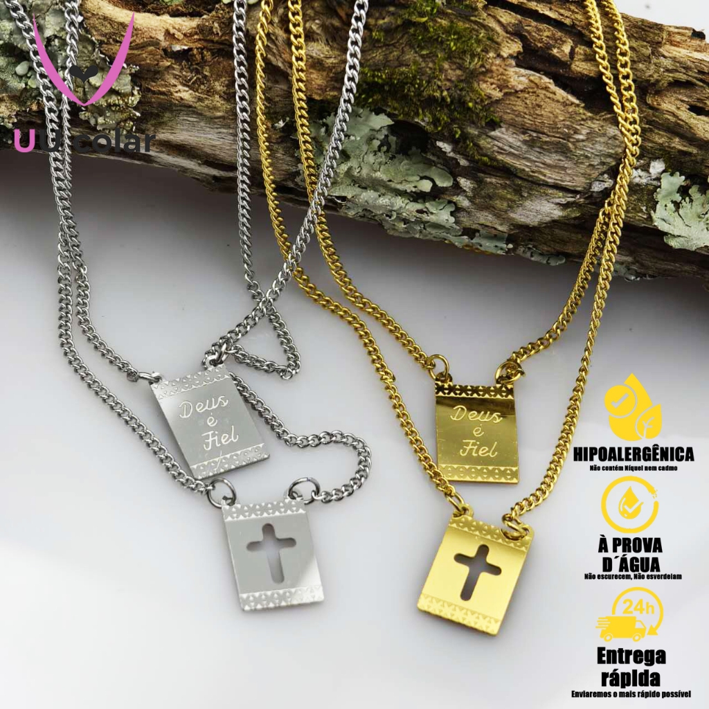 Escapulário Cartie Cruz Deus é Fiel Texturizado Veneziano - Banhado a Ouro e Prata 18K 70cm Unissex