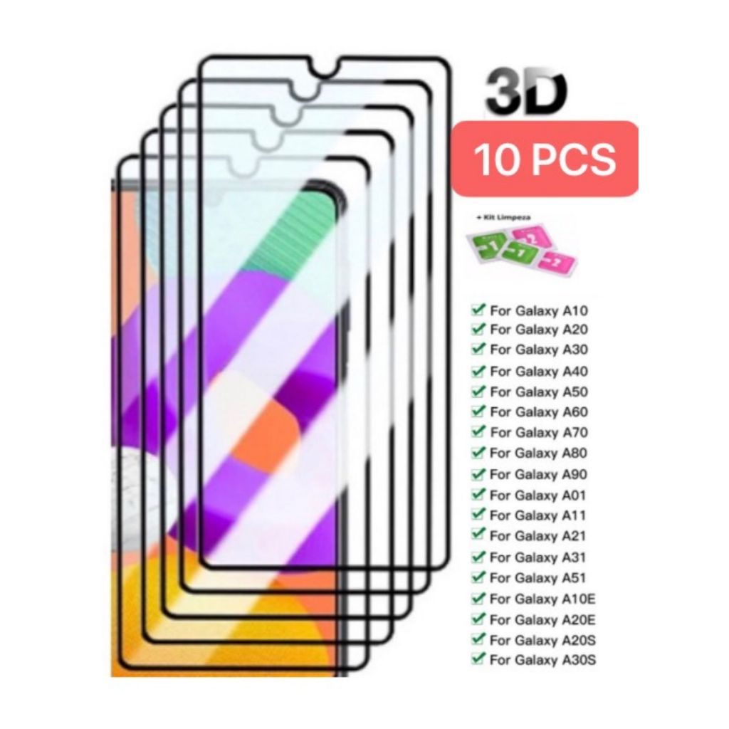 Kit 3 - Kit 20 Película De Vidro Temperado 3D Full Para Samsung A01 A11 A21 A21S A31 A41 A51 A71 A50 A40 A30 A10 A20