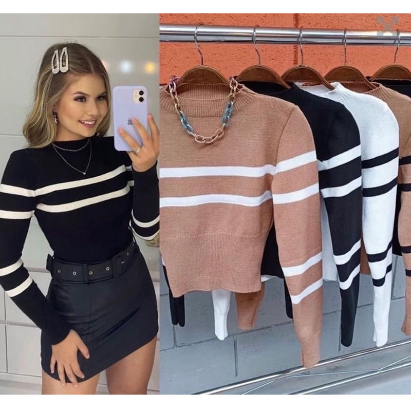 Blusa Feminina De Frio Listrada Modal Tricot Inverno Blusa Cropped Tendência Blogueira Manga Longa na Moda