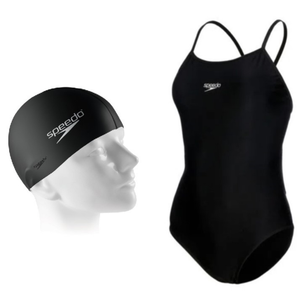 Kit Natação Speedo Maiô Skinny de Alça Lycra XtraLife Costas Abertas Adulto + Touca Flat Silicone
