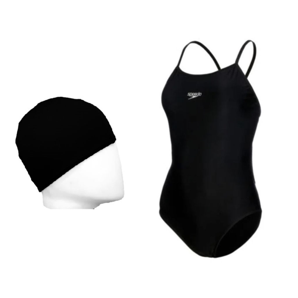 Kit Natação Speedo Maiô Skinny de Alça Lycra XtraLife Costas Abertas Adulto + Touca Tecido