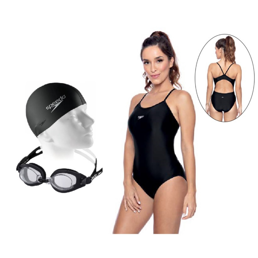 Kit Natação Speedo Maiô Skinny de Alça Lycra + Óculos Freestyle Antiembaçante + Touca Flat Silicone