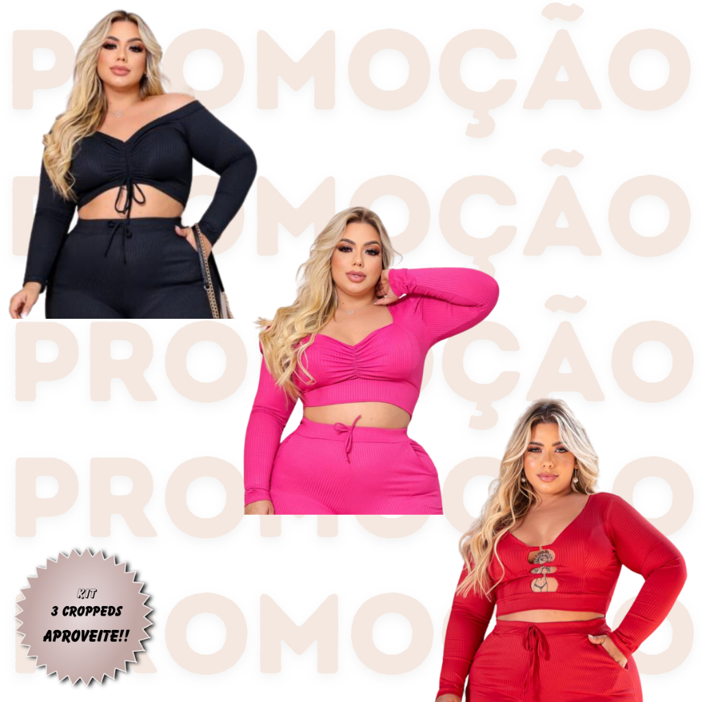 Kit 3 Croppeds Feminino Canelado Plus Size Manga Longa Blusa Cores Variadas Curve