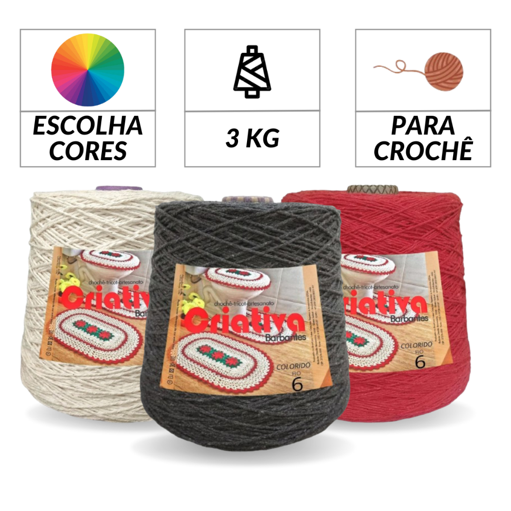 Kit 3 Unidades Barbante Criativa 1Kg N.º 6 Cores Predefinidas