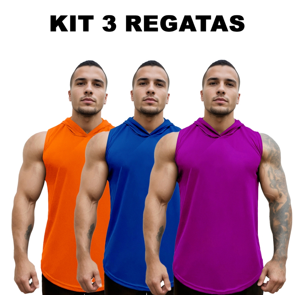 Kit 3 Regatas Vermelho + Azul Royal + Cores Longline em Dry com Capuz Lisa Sem Estampa Básica