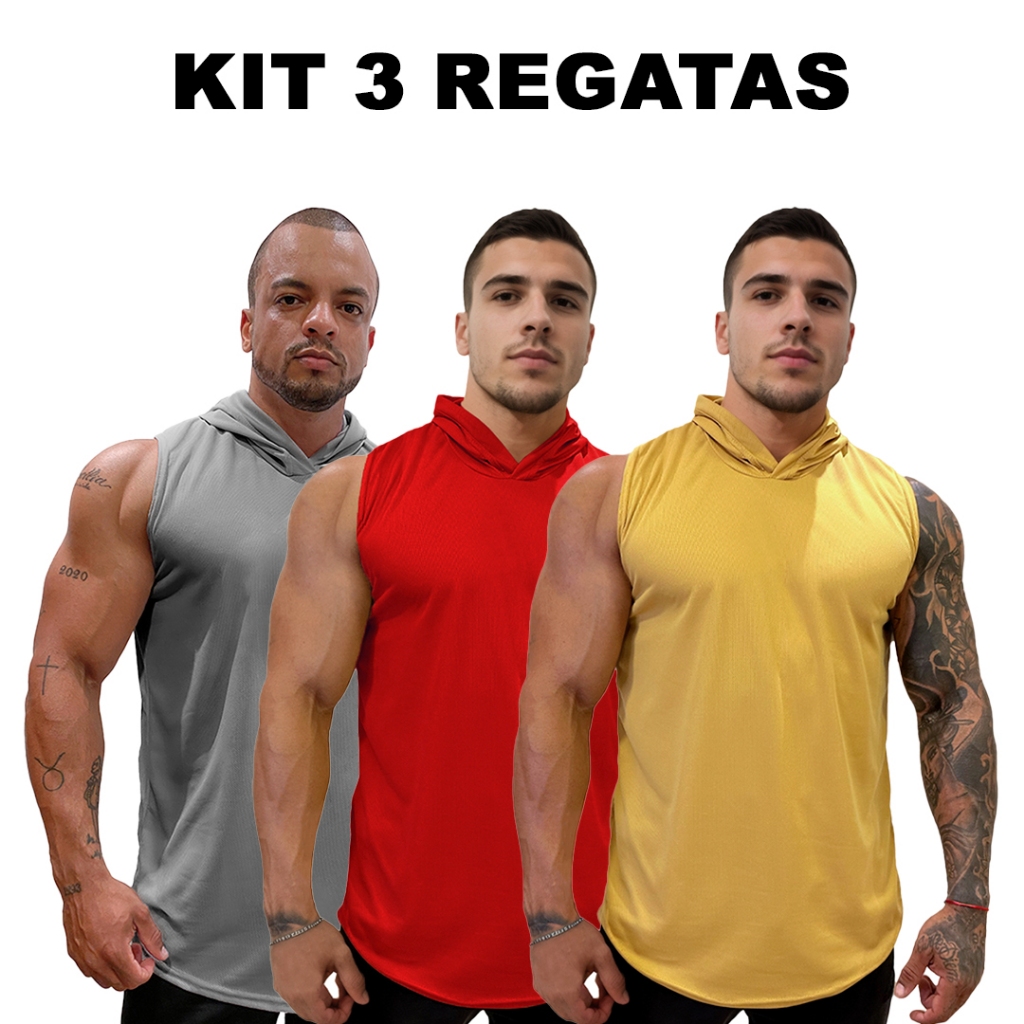 Kit 3 Regatas Metal + Vermelho + Cores Dry Masculina Long com Capuz Básica Lisa Sem Estampa