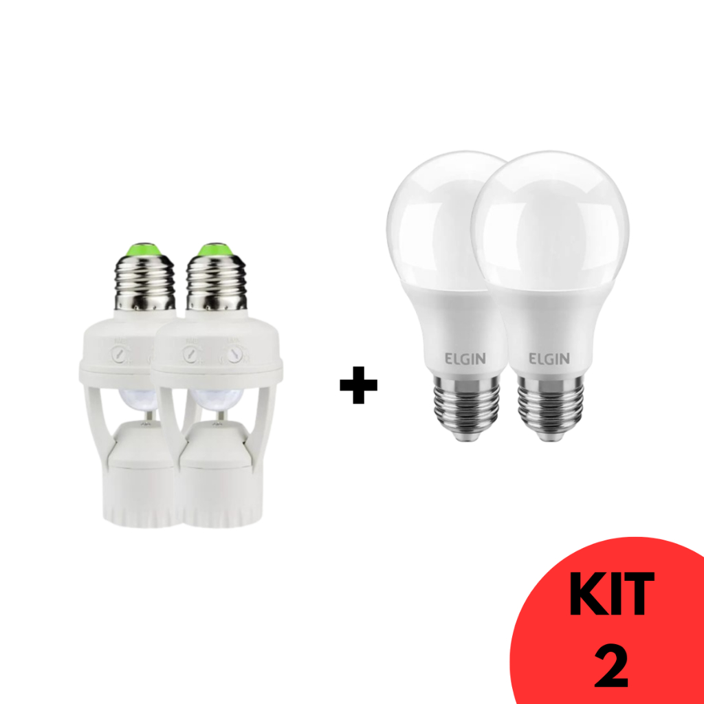 Kit 2 Soquete Bocal E27 Bivolt Com Sensor De Presença Movimento 360º + 2 Lâmpada LED 12w