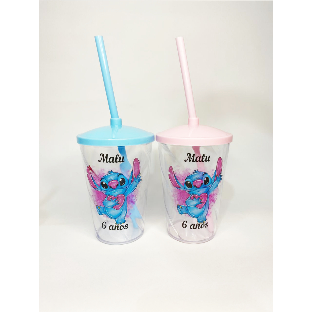 25 Copos Twister C/ Tampa E Canudo Personalizado Stitch