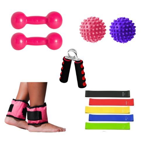 Kit Treino Rosa Fisioterapia Par Halter 1 Kg + Par Caneleira 1 Kg + Kit Theraband + Handgrip + 2 Bolinhas Fisio