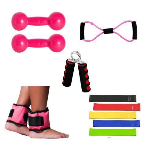 Kit Fisioterapia Completa Par Halter 1 Kg Rosa + Caneleira 1 Kg + Handgrip + Elástico Multifuncional + Kit Theraband