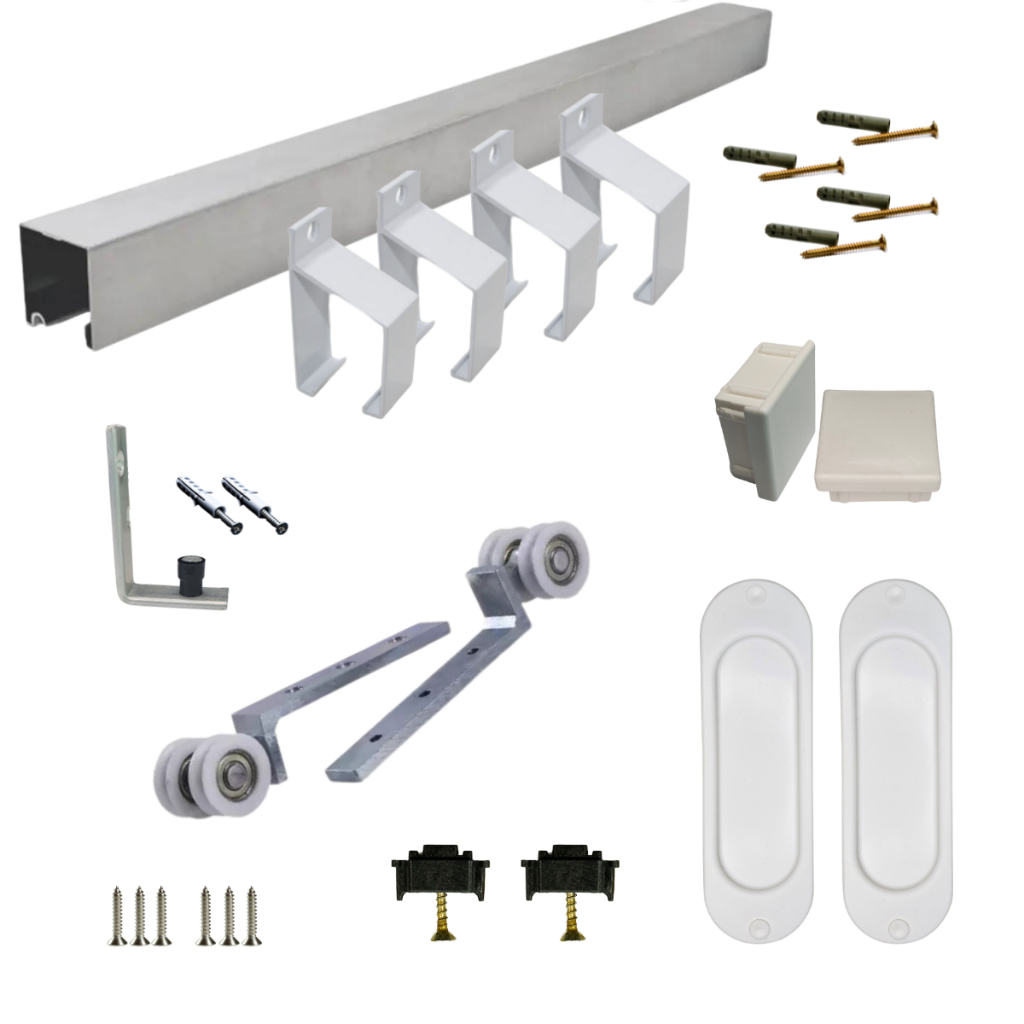 Kit trilho alumínio branco p/ porta de correr MDF, roldanas 2R e guia, par de concha (sem porta)
