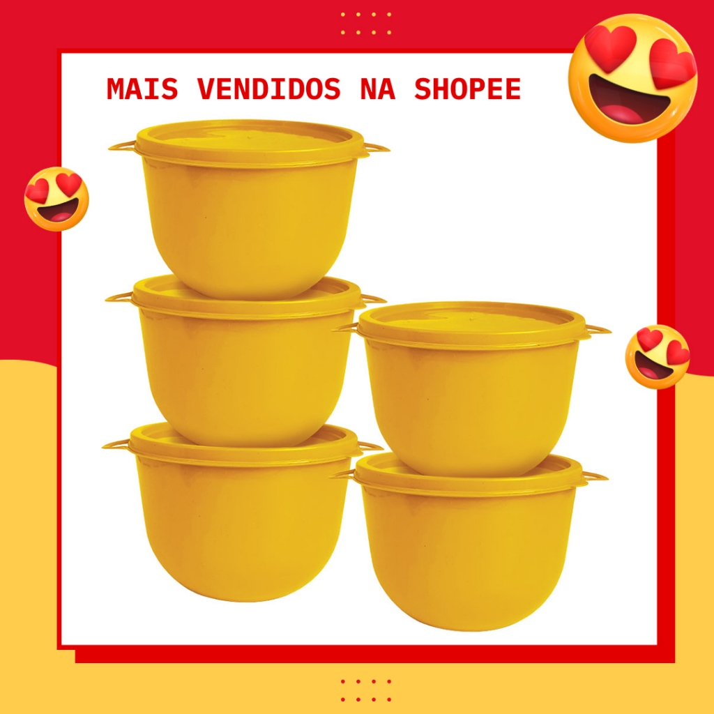 Kit 5 Potes Redondos Amarelo de Plástico com Tampa e Alça 500ml cada Empilhável