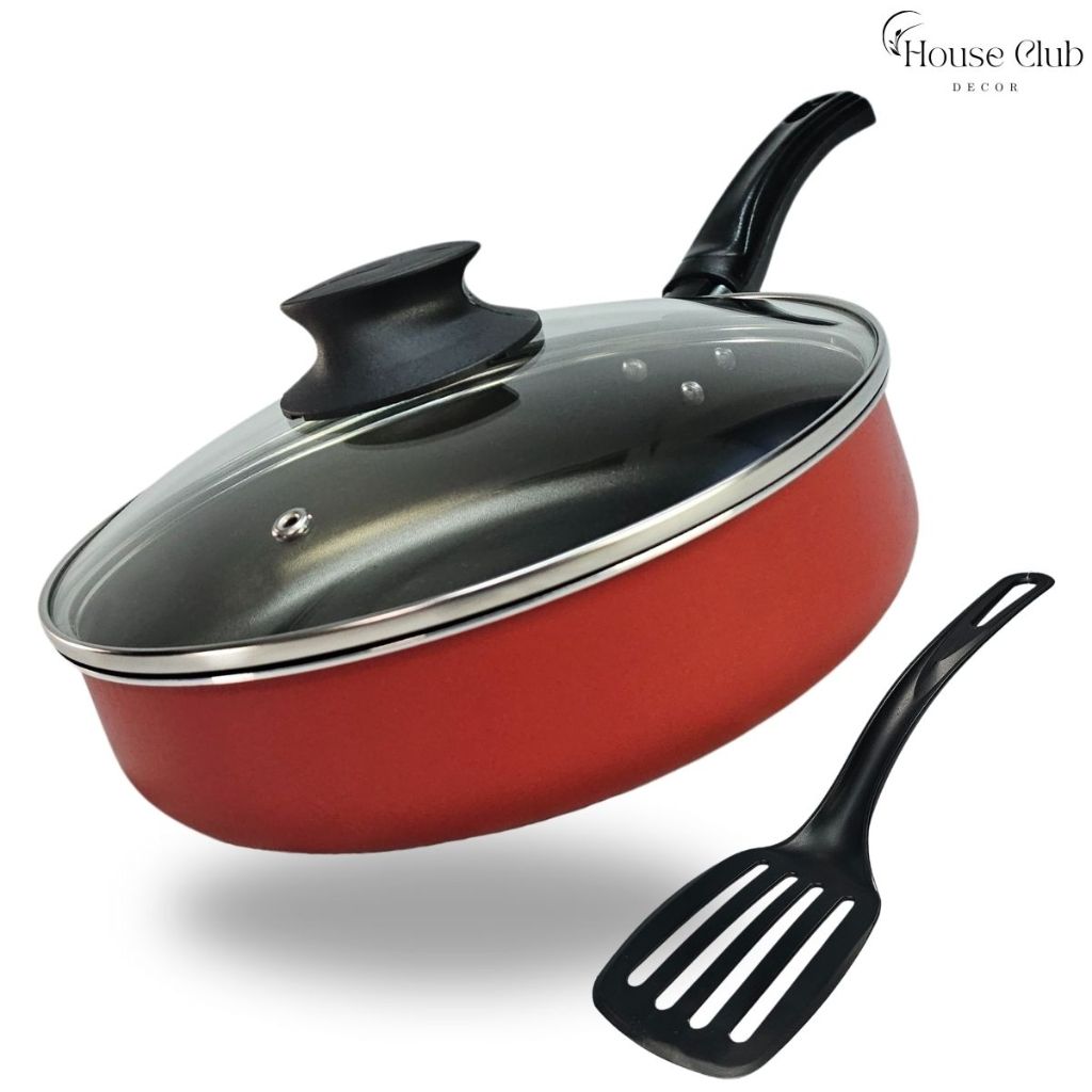 Frigideira Alta 20 cm Antiaderente 5 Camadas De Teflon com Tampa de Vidro Cor Vermelho e G...