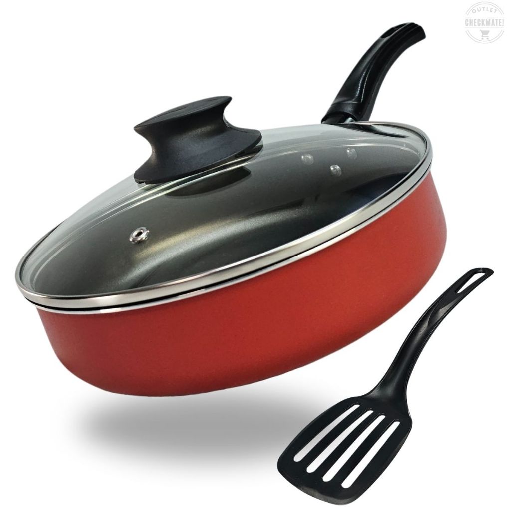Frigideira Grande Alta 24 cm com Tampa de Vidro e 5 Camadas De Antiaderente Teflon Cor Ver...