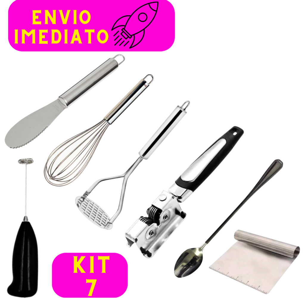 Kit 7 Utensílios 100% Inox Para Cozinha Espátula Manteiga Fuê Amassador Amolador Colher de Suco