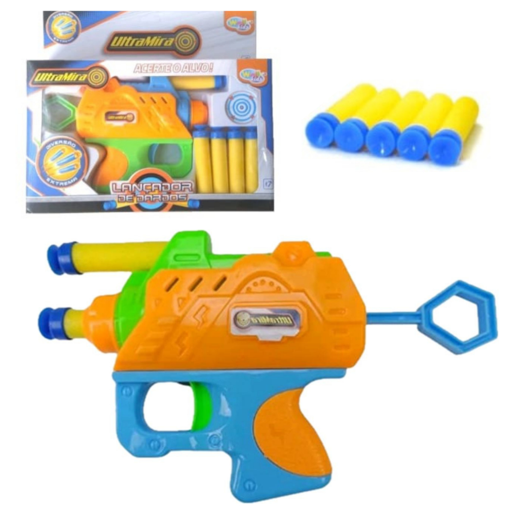 Lançador De Dardos Brinquedo Infantil PISTOLA ARMA LANÇA 5 DARDOS MACIOS DE ESPUMA SEGURO GRUDA 15CM
