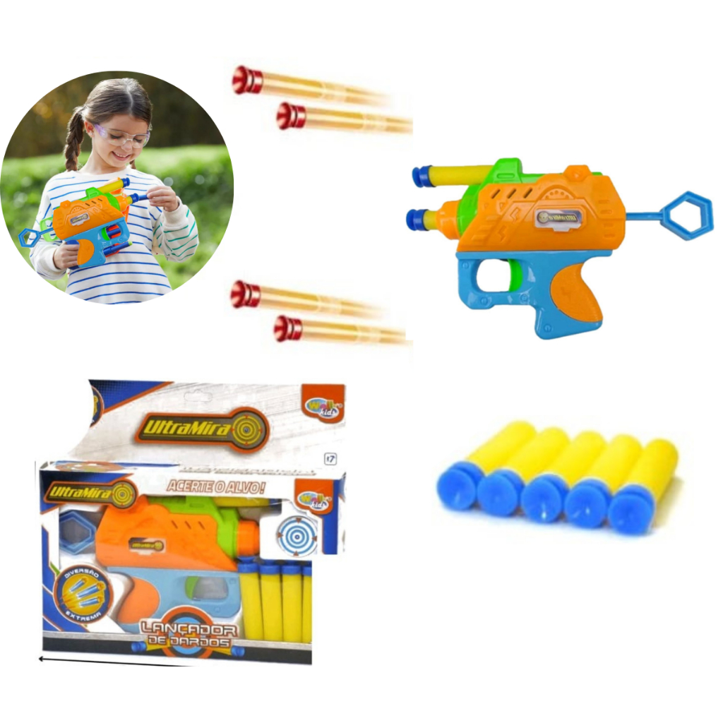 PISTOLA ARMA LANÇA DARDOS BRINQUEDO INFANTIL LANÇADOR DE 5 DARDOS MACIOS DE ESPUMA MAIS SEGURO 15 CM