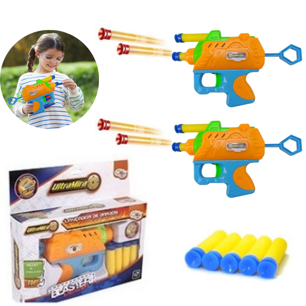 KIT 2 Lançador De Dardos Brinquedo Infantil PISTOLA ARMA LANÇA 5 DARDOS MACIOS SEGURO QUE GRUDA 15CM
