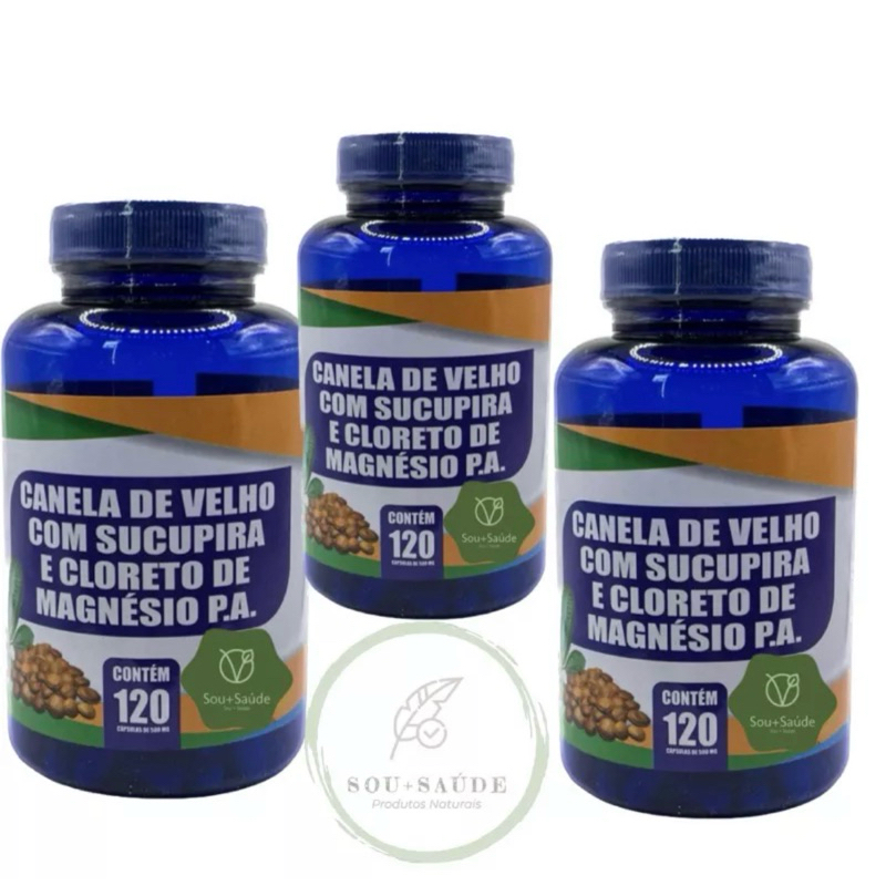 KIT C/3 CANELA DE VELHO + SUCUPIRA + CLORETO DE MAGNÉSIO PA C/120 CAPSULAS CADA DE 500MG