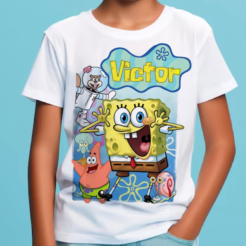 camiseta personalizada bob esponja , blusa com nome aniversário, patrick sandy, unissex em Oferta na Shopee