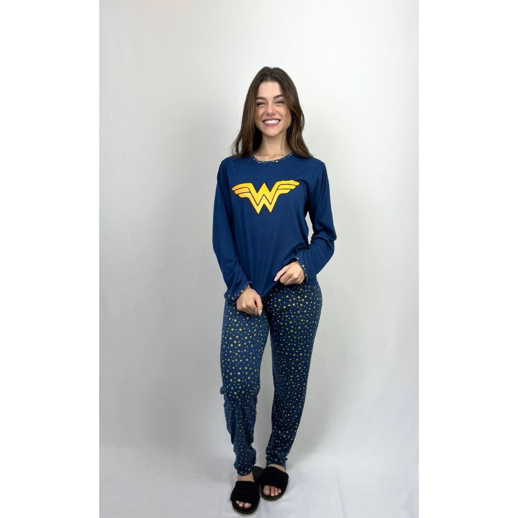 Pijama Feminino Manga Longa e Calça Luxo Inverno Personagens Inverno