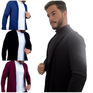 Blusa Masculina Aberta Manga Longa Blusão Camisa Slim Fit Blusa Aberta Estilo Moderno Malha Crepe