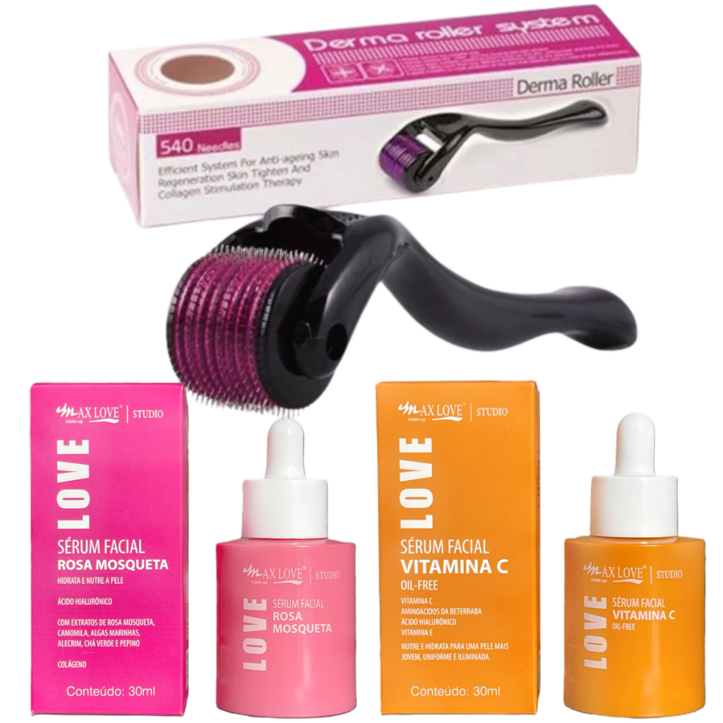 Kit Sérum Microagulhamento Dermaroller Facial Vitamina C Rosa Mosqueta Embalagem Virginia 0.5-1-1.5