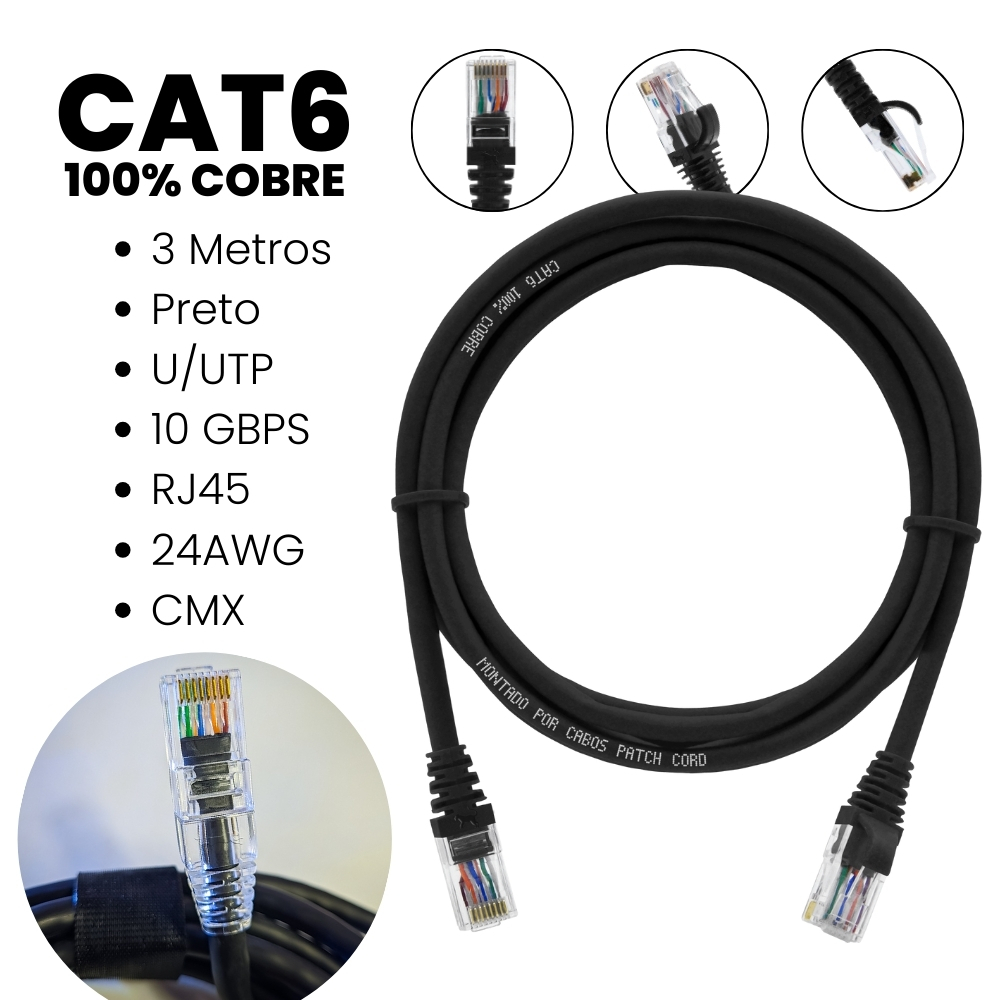 Cabo de Rede Ethernet Patch Cord Cat6 Preto 3 Metros 100% Cobre Rede