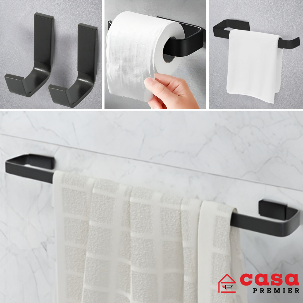 Kit Acessórios Banheiro Conjunto Quadrado 5 Peças Preto Fosco Dois Cabides