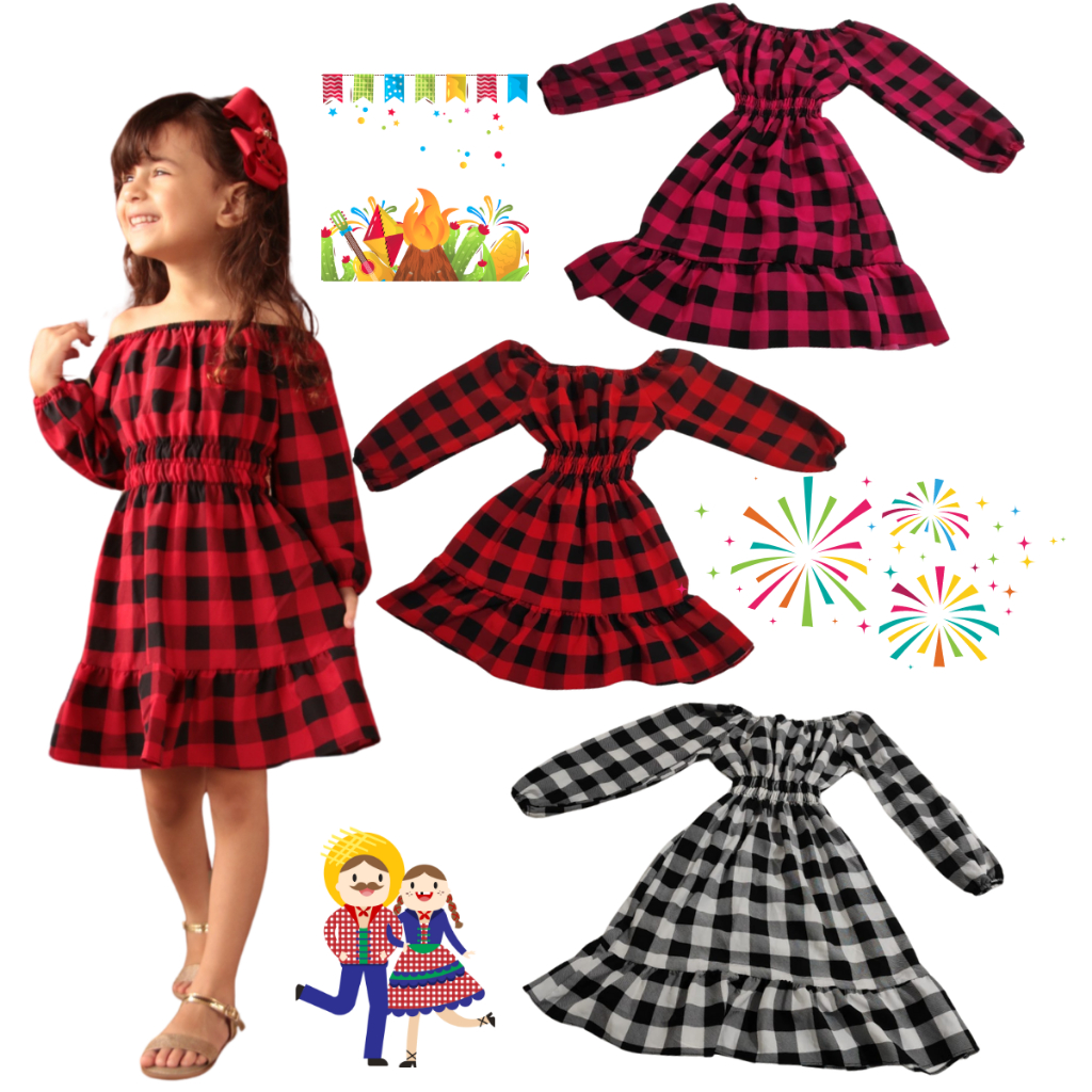 Roupa Infantil  De Festa Junina Vestido Xadrez Ciganinha Manga longa