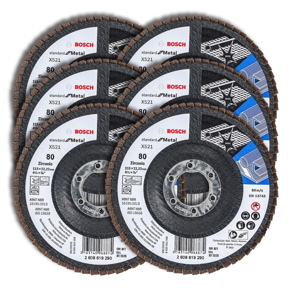 Discos Flap 115mm p/ Metal Bosch Grão 80 Kit com 6 Curvo Fibra de Vidro 4.1/2" em Oferta na Shopee