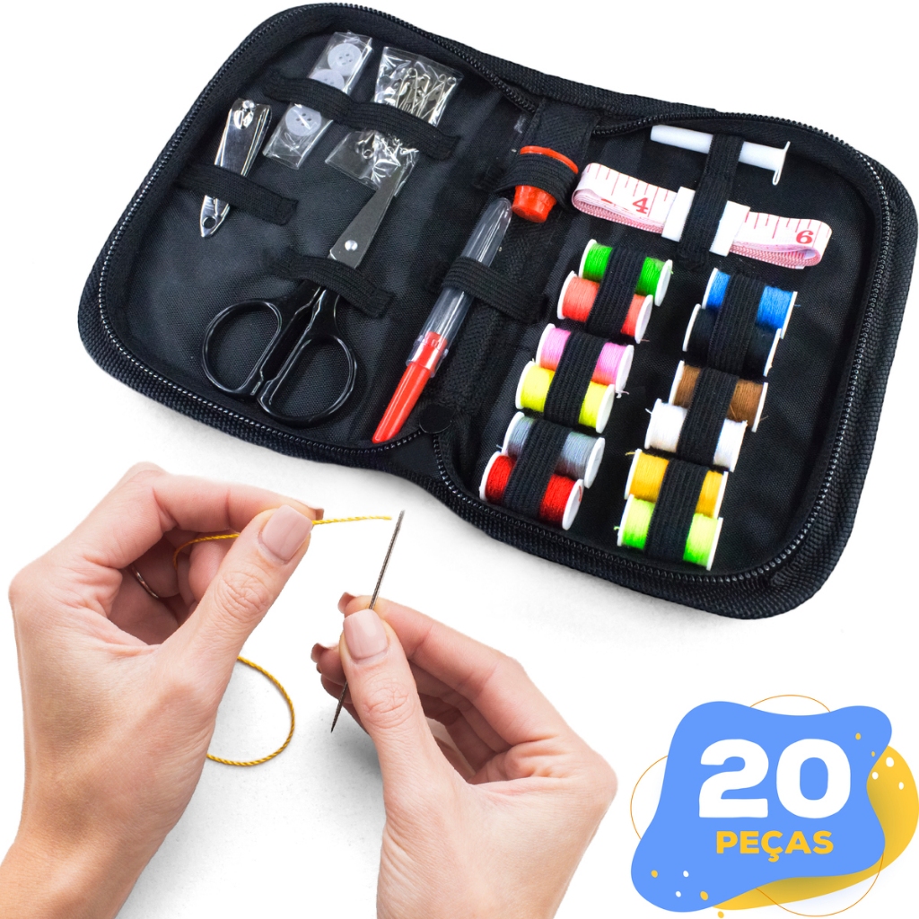 Kit Costura Roupa Bainha Fita Porta Agulha Dedal Tesourinha Alfinete Botão Linha Cortador + Estojo