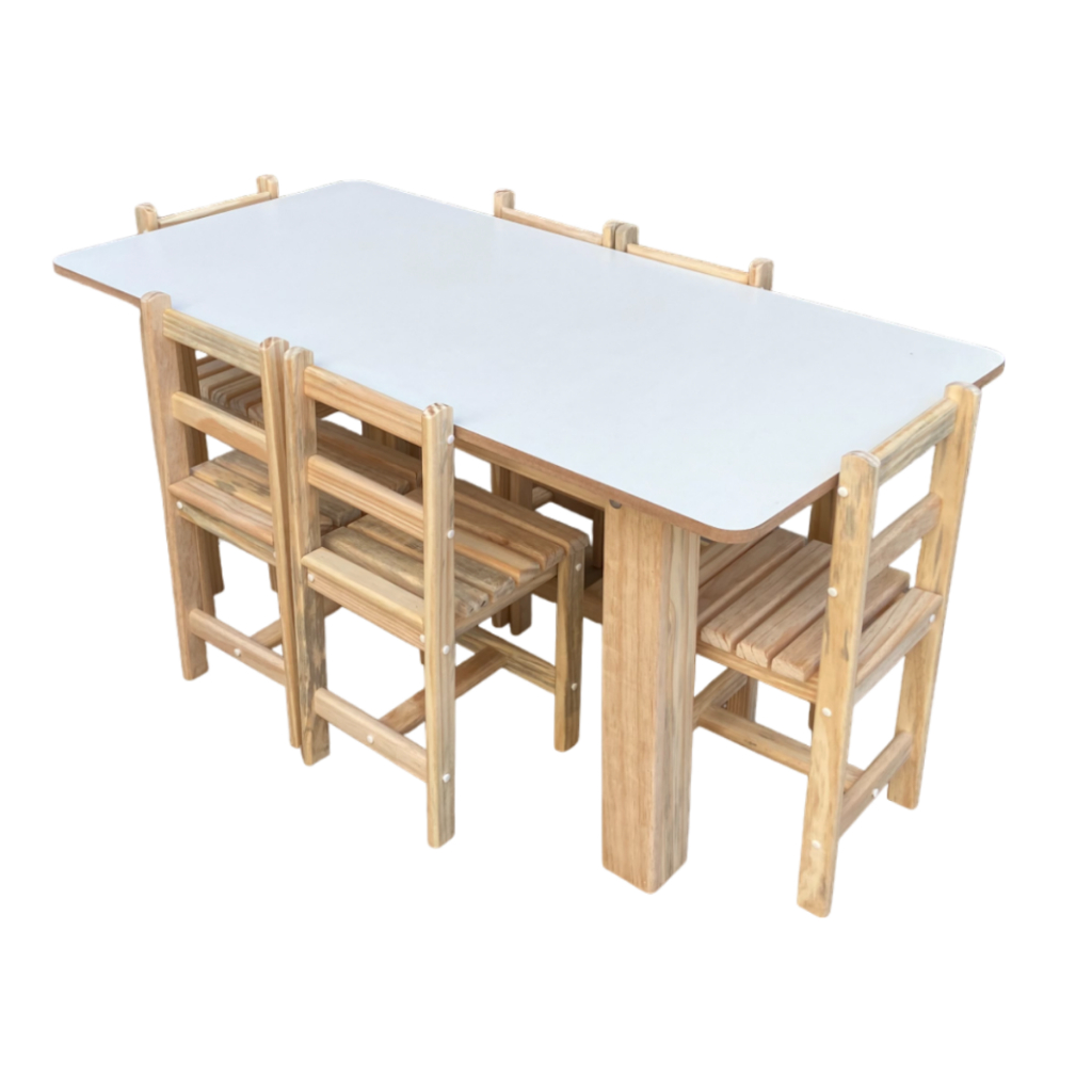 Mesa Mesinha Infantil De Madeira Crua MDF  Camaleão Conjunto 6 Cadeiras