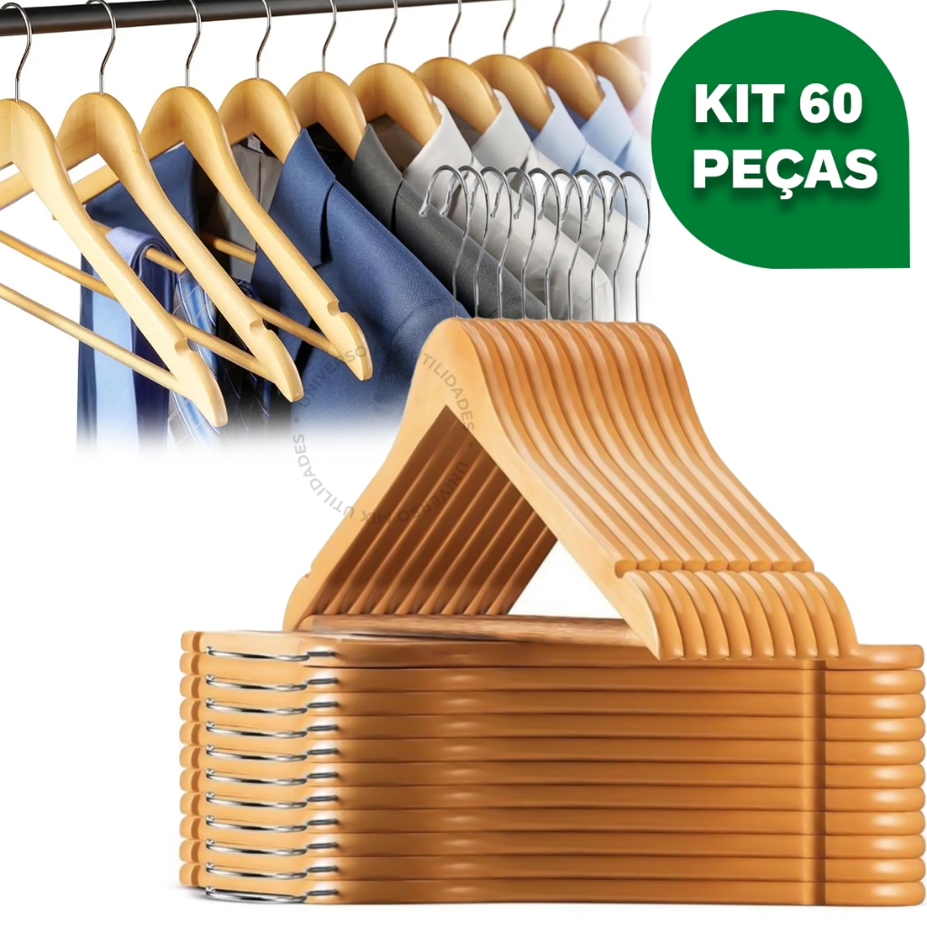 Kit 60 Cabides De Madeira Premium Marfim Para Roupas Calça Gancho Cromado