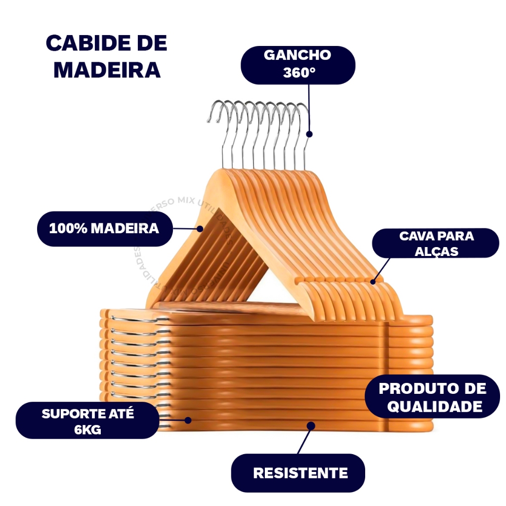 Kit 6/12/21/30 Cabides De Madeira Premium Marfim Para Roupas Calça Gancho Cromado